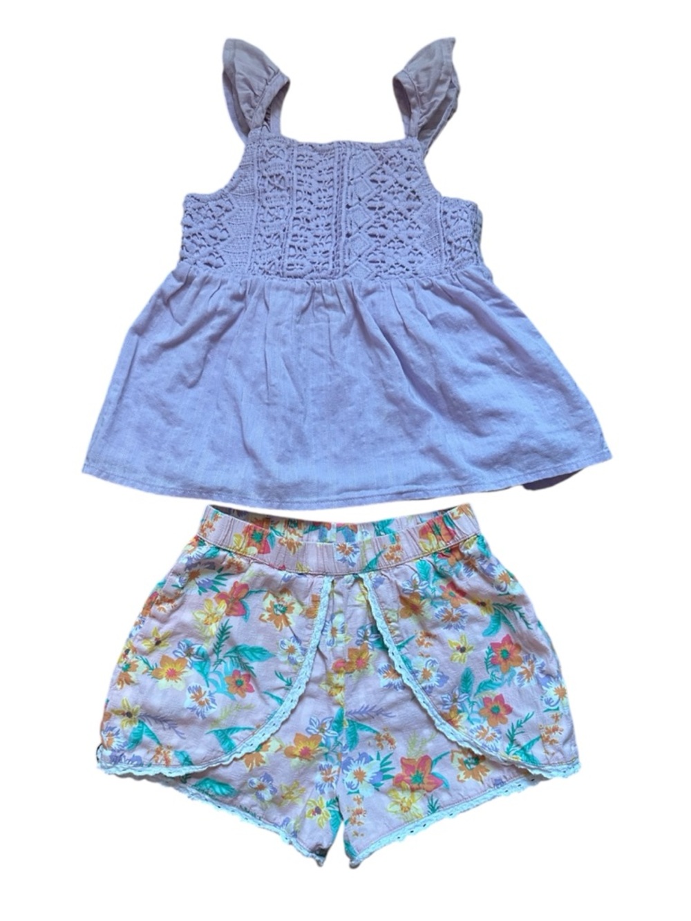 Art class Lavender Crochet, Peplum Shirt with Multicolor Floral Shorts
